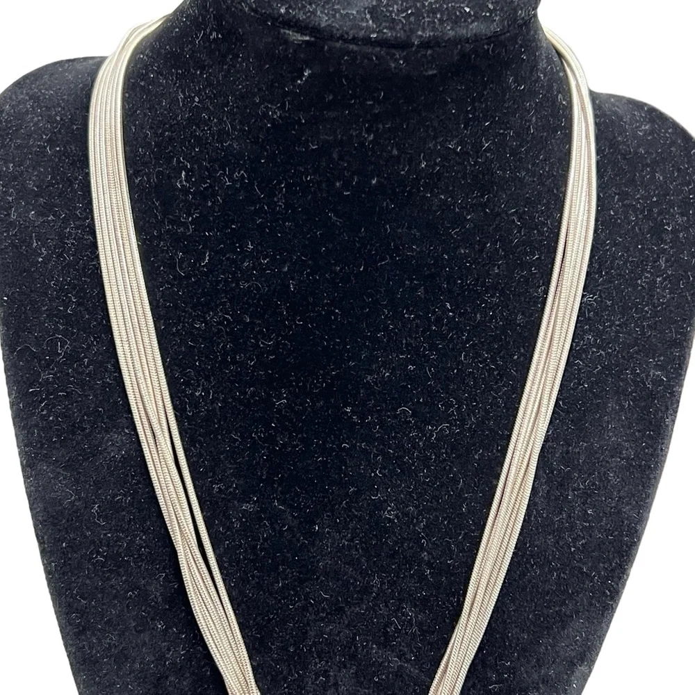 VINTAGE 6 CHAIN SILVER TONE NECKLACE WITH TEARDROP PENDANT WITH BLACK STONE